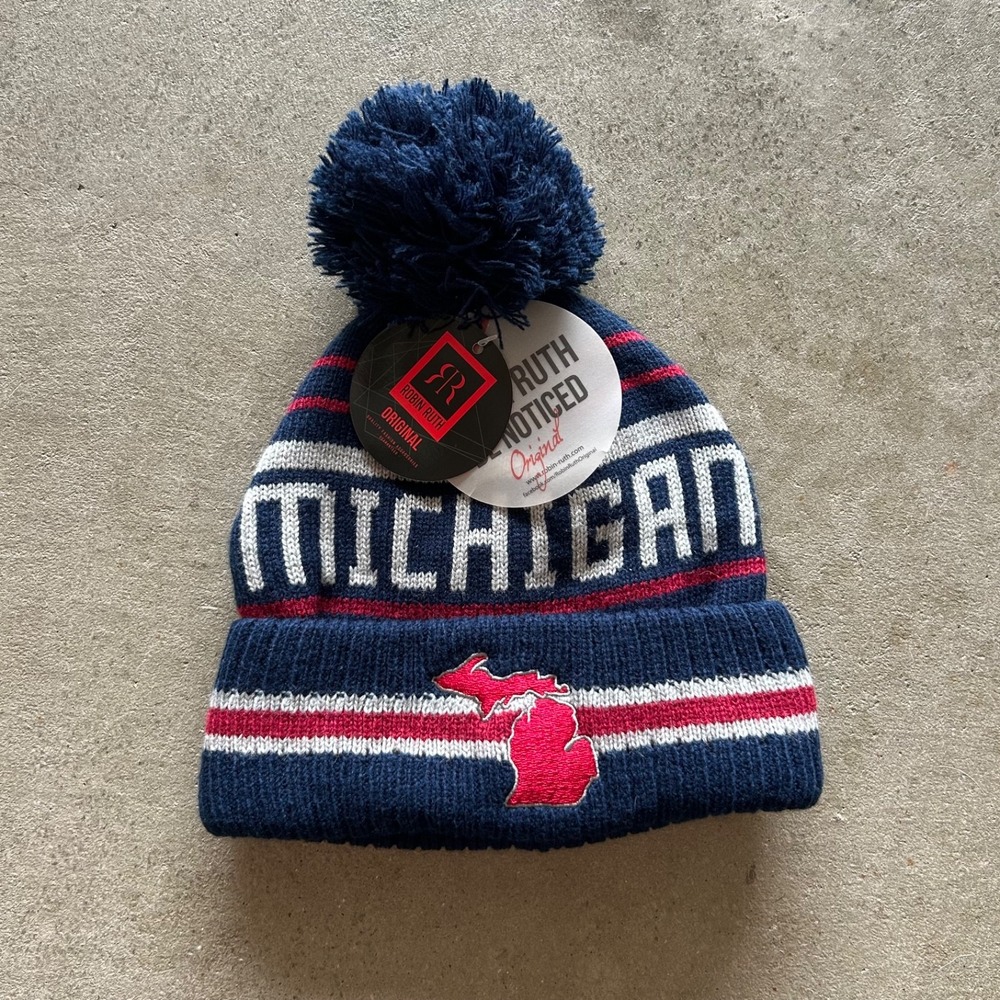 NWT Robin Ruth Michigan Beanie Hat Pom Cuffed Winter Knit Cap State Upper Penins